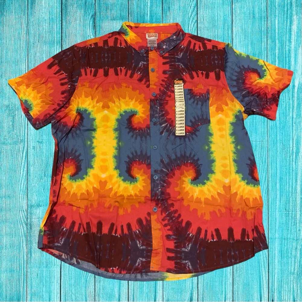 Spencer’s Tie Die Spiral Rainbow Button Up Down Shirt Hippie Retro Gay Pride